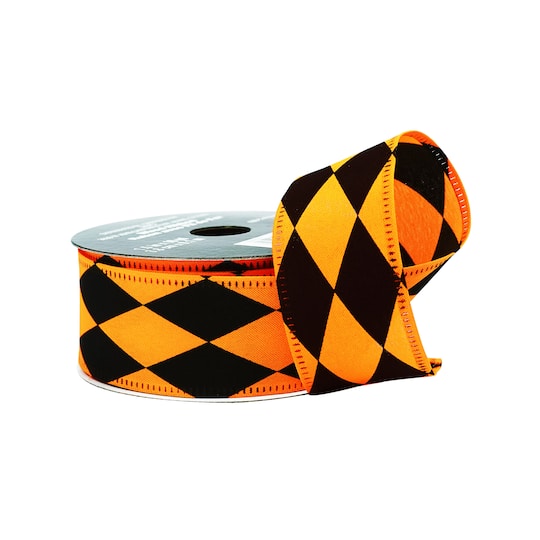 1.5" x 10yd. Black & Orange Diamond Wired Pongee Ribbon by Celebrate It®